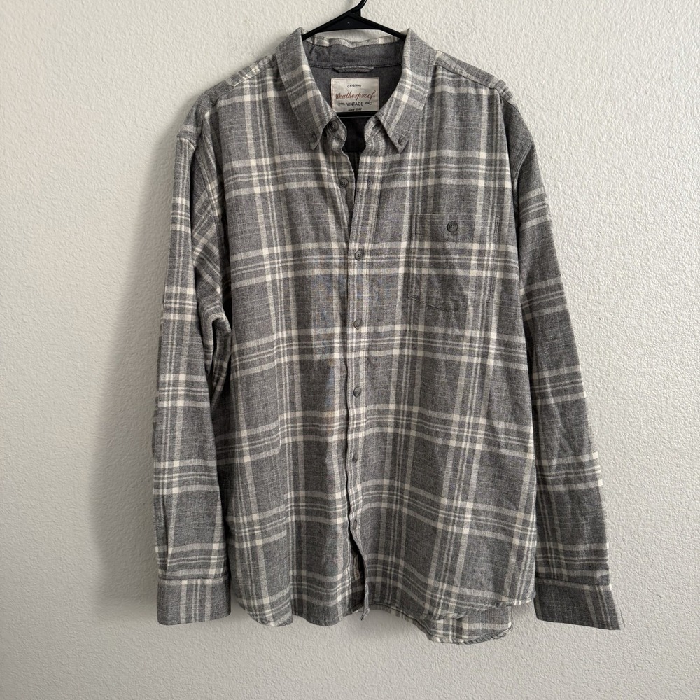 Weatheproof Vintage Men's XXL Flannel Top Shirt Button Up Gray White Cabincore